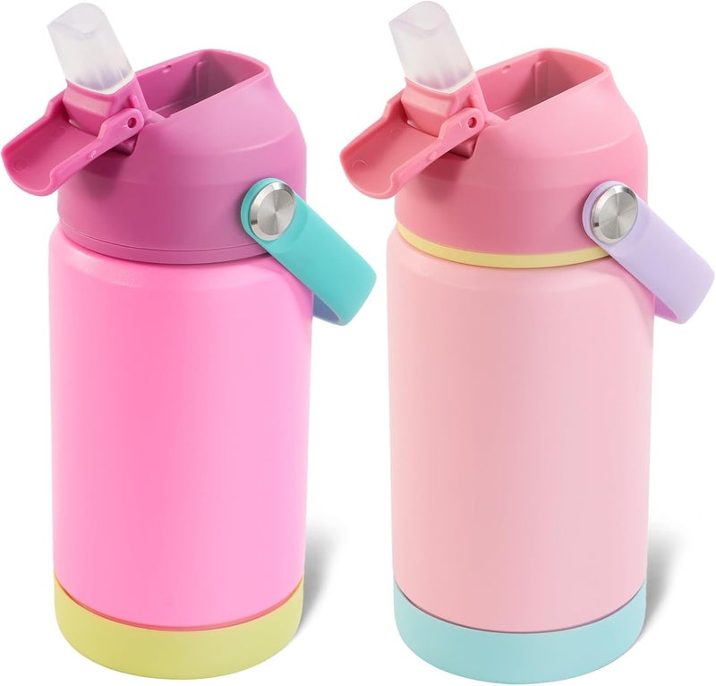 Kerilyn 12oz Kids Water Bottle 2 Pack, Stainless Steel Insulated Water Bottle Bulk, Toddler Cups with Straws Leak-Proof, Kids Water Bottles for School Boys Girls, BPA Free, Rose Red+Charm Pink - Image 1